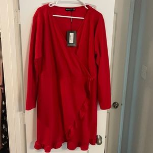 Plus Red Ruffle Detail Wrap Dress
